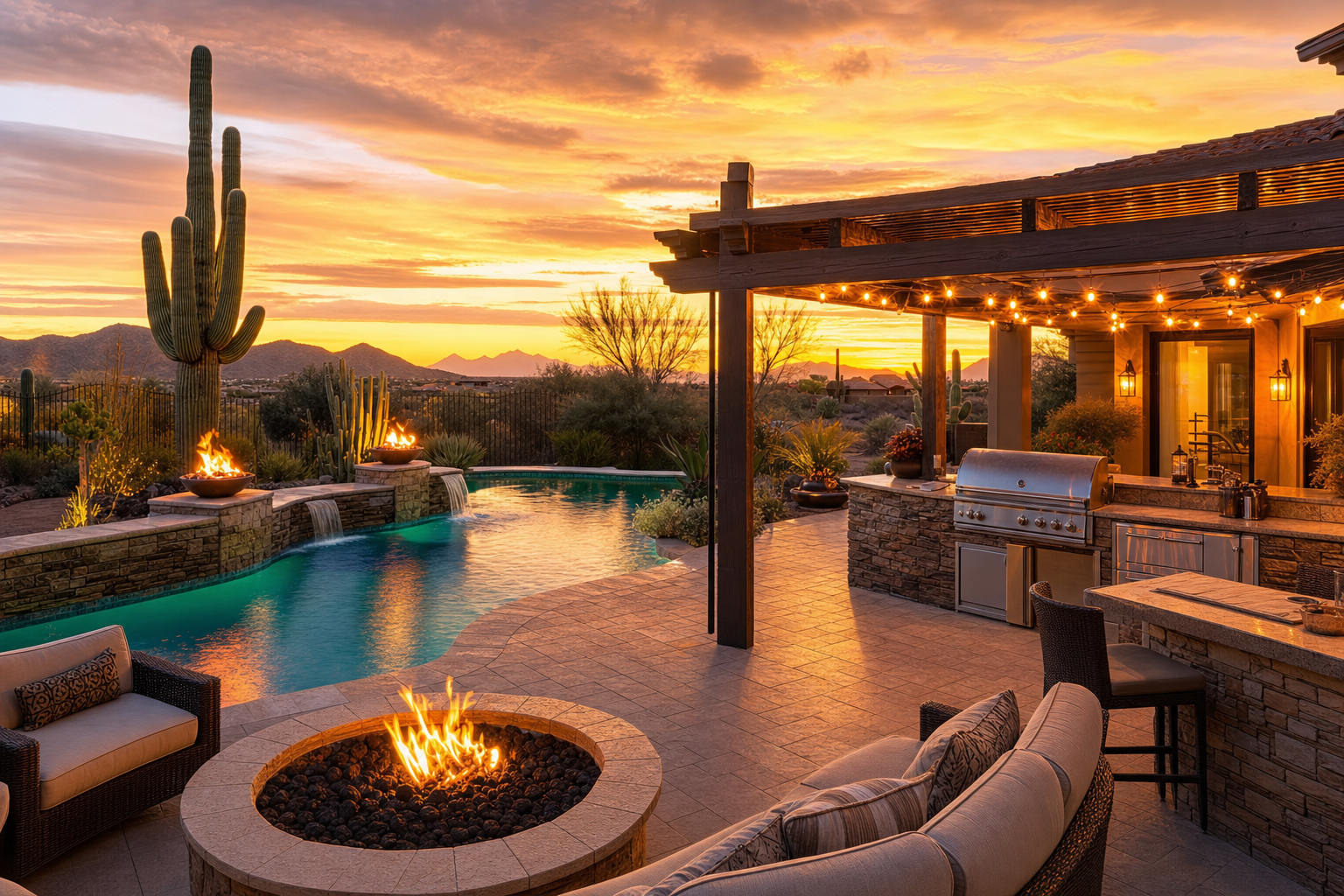 Outdoor living space with fire pit, pergola string lights and pool at sunset