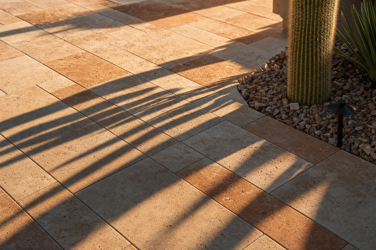 Close-up of travertine pavers in warm tan and terracotta with cactus shadows