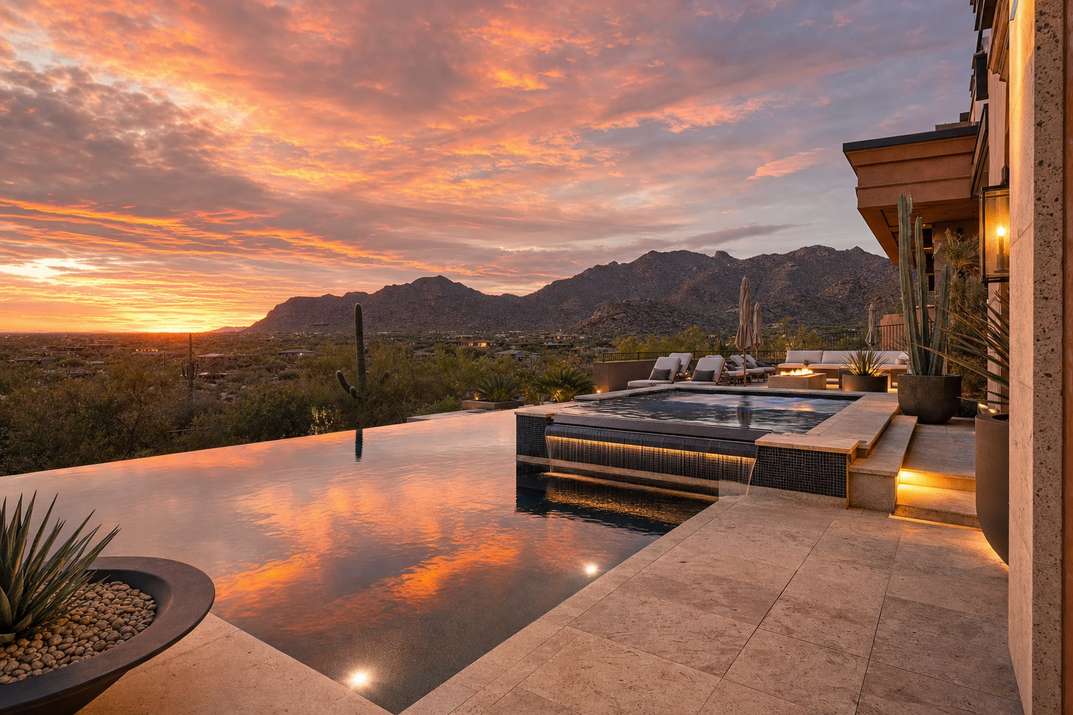 Infinity-edge pool deck reflecting sunset over the desert mountains