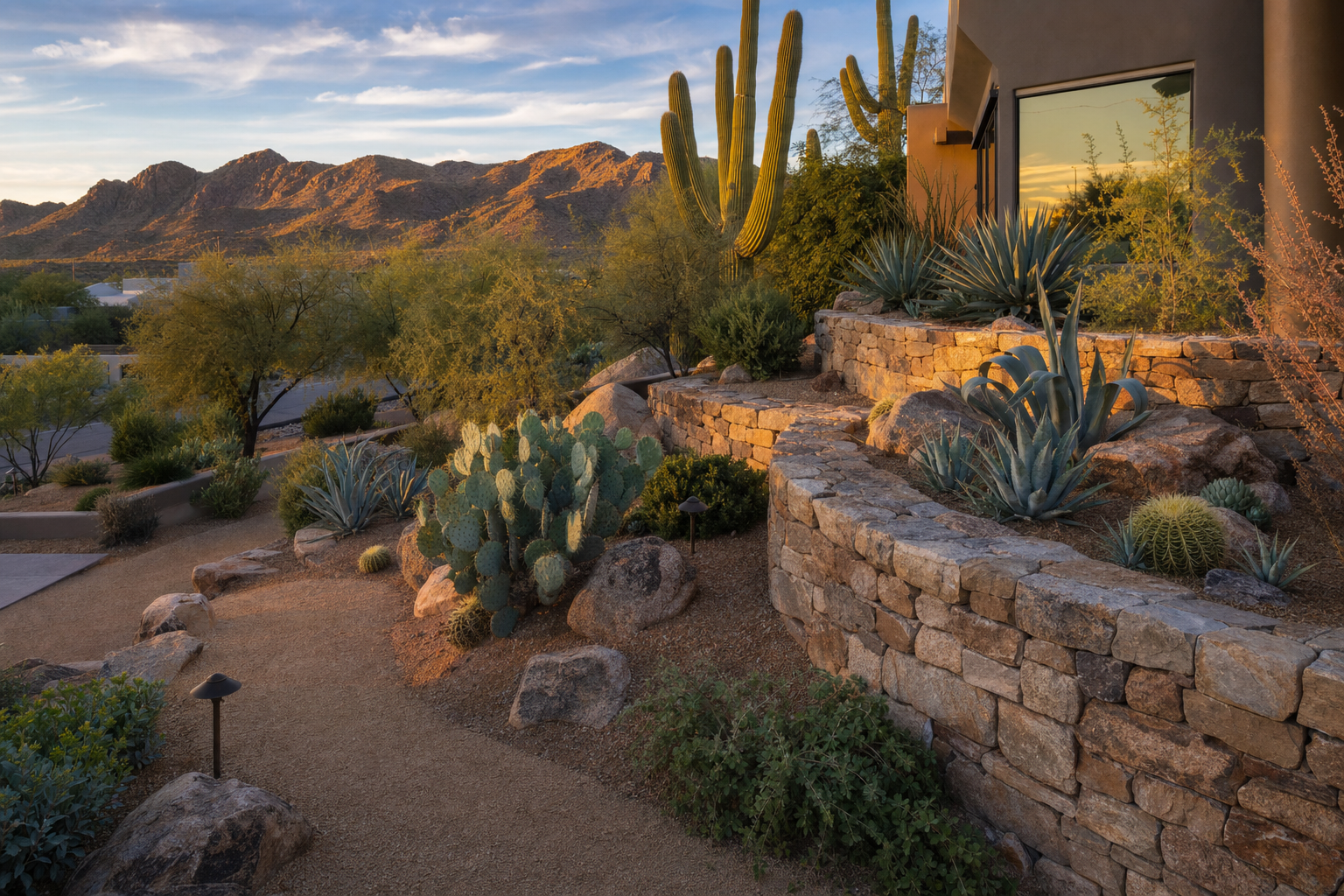 Tiered natural stone retaining wall with desert xeriscape landscaping